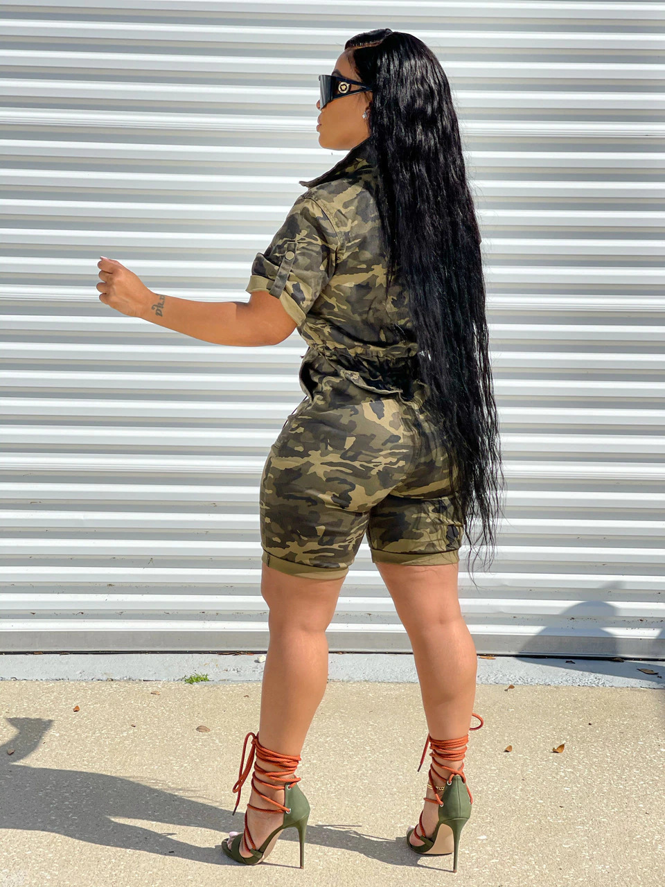 2023 Plus Size casual jumpsuit summer camo short romper fashion waisted woven camouflage short jumpsuit for woman