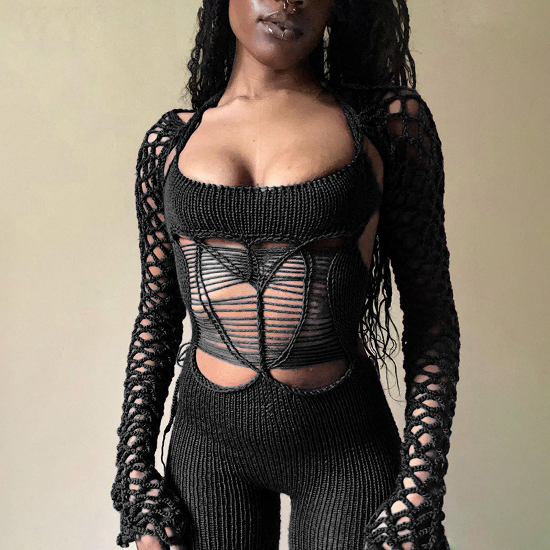 2024 New Fashion  Bodycon Women Jumpsuit Hollow Out Knitted Mesh Lace Up Casual Cub Wear Bodysuits Jumpsuits For Women