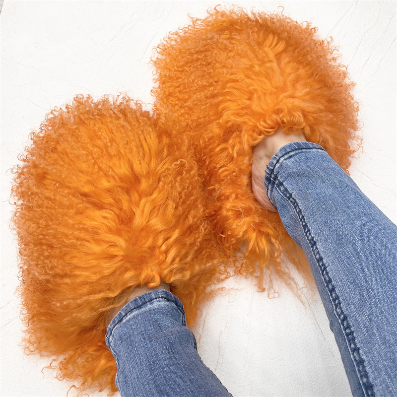 2023 Latest Fashion Fall Winter Mongolian Fur Slides House Slippers Fluffy For Women Sheep Fur Slippers