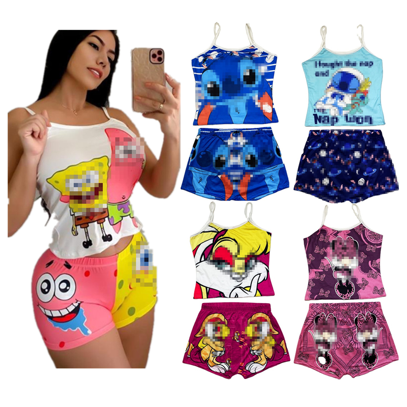 Summer Sleepwear Cartoon Pajamas Two Piece Short Set Strap Top and Shorts 2 Piece Set Sleepwear For Women