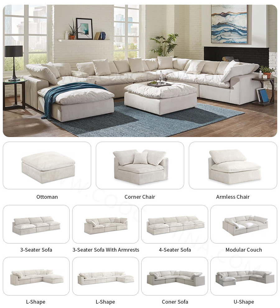 Modern Luxury White Down  Cloud Sofa Bed  U Shape Modular Cloud Couch Sectional Sofa