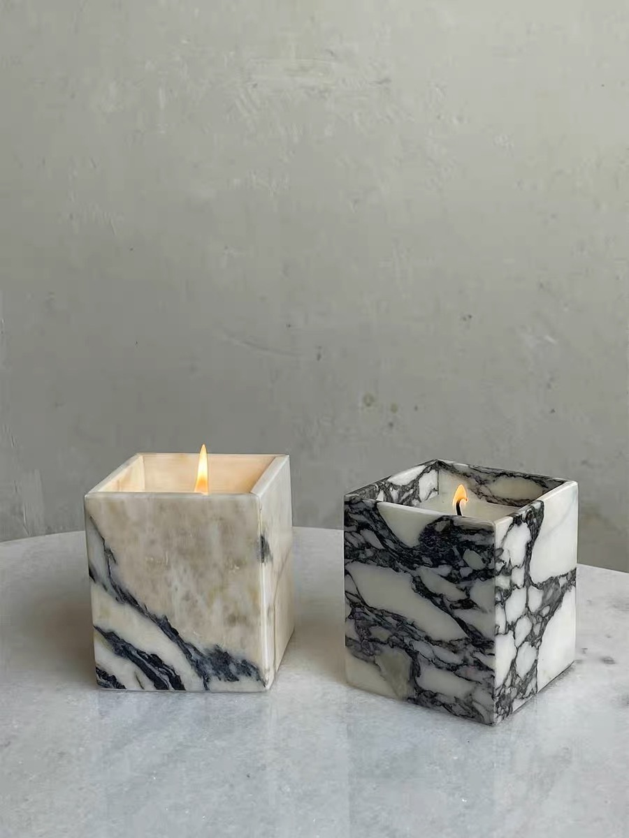 Customized Size Hot Selling Christmas marble candle jars holder Wedding Calacatta Viola Marble Square Votive Candle Holder