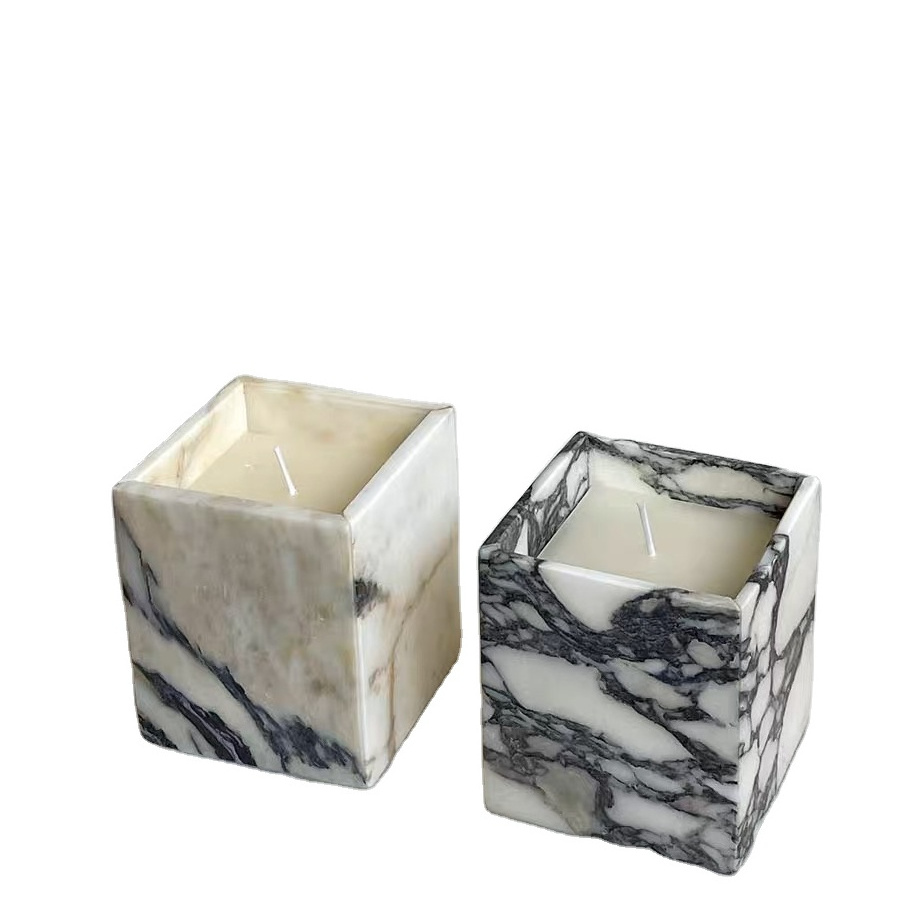 Customized Size Hot Selling Christmas marble candle jars holder Wedding Calacatta Viola Marble Square Votive Candle Holder