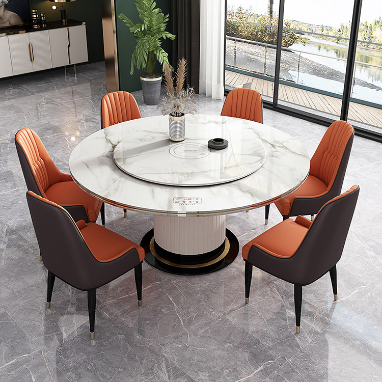 Modern White 8MM Glass Dining Table with 6 Seater Set Tempered Glass Table Top Stainless Steel Base Automatic Rotating Table