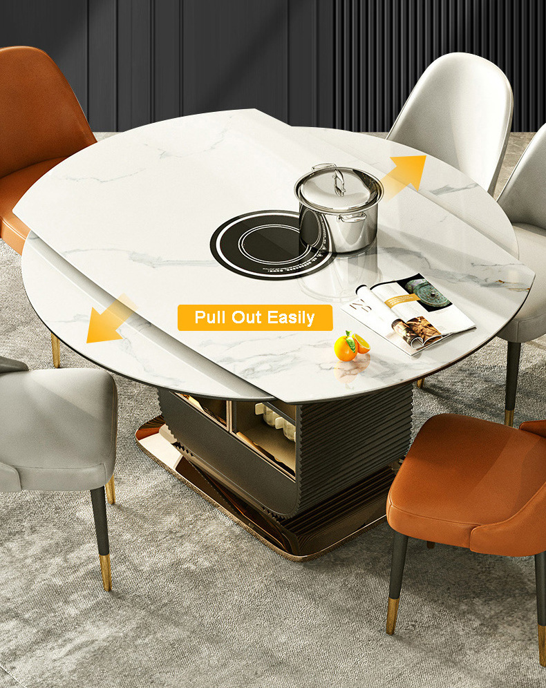 Light Luxury Round Extendable Ceramic Plate Dining Table Set Marble Top Metal Storage Base Dinner Table with Induction Cooker