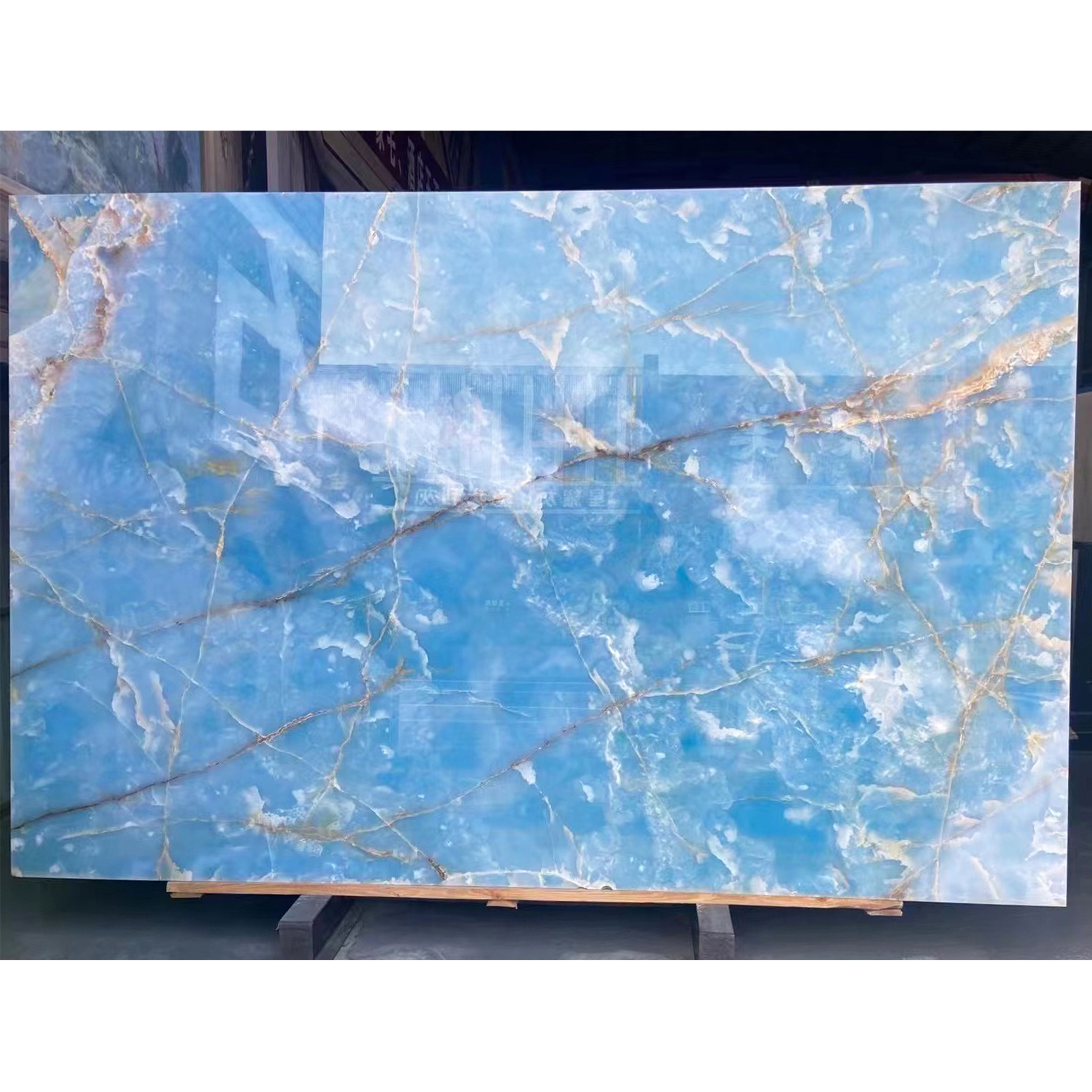 Golden Blue Onyx Bathroom Wall  Tile Sapphire Countertop Backlit Feature Wall Dark Translucent Marble Stone Staircase Railing