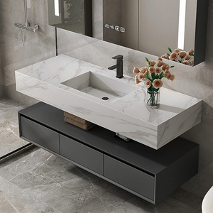 12MM White and Black Marble Veins Integrated Sintered Stone Bathroom Vanity Top Wash Basin with Under Cabinet Combination Set