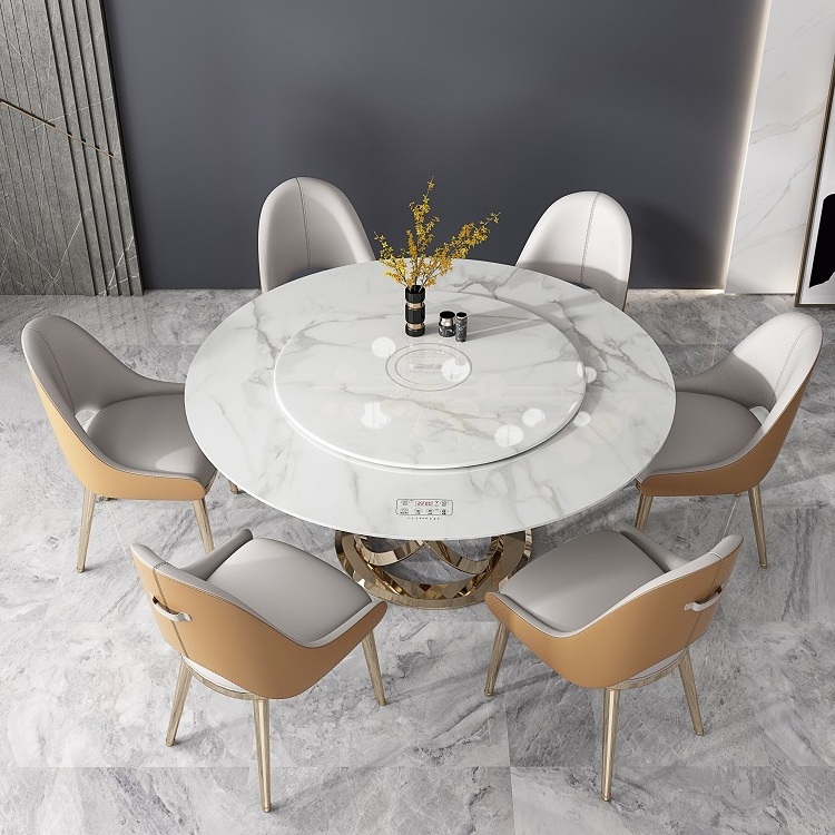 Round White Rotating Dining Table 6 Chair Set with 8MM Tempered Glass Table Top Stainless Steel Base Lazy Susan Induction Cooker