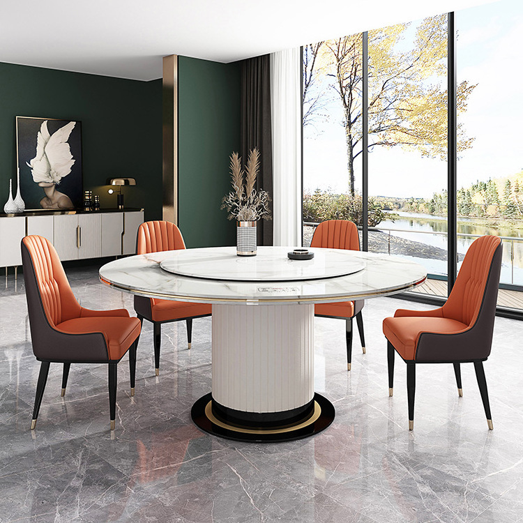 Modern White 8MM Glass Dining Table with 6 Seater Set Tempered Glass Table Top Stainless Steel Base Automatic Rotating Table BestSuppliers