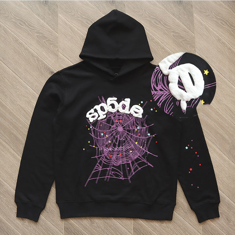 Custom plain black graphic 3d puff print hoodies no string for men 500 gsm cashmere spider hoodie