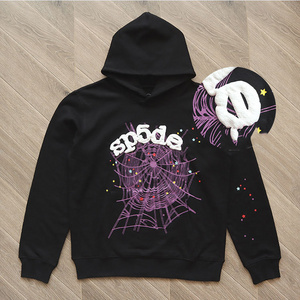 Custom plain black graphic 3d puff print hoodies no string for men 500 gsm cashmere spider hoodie