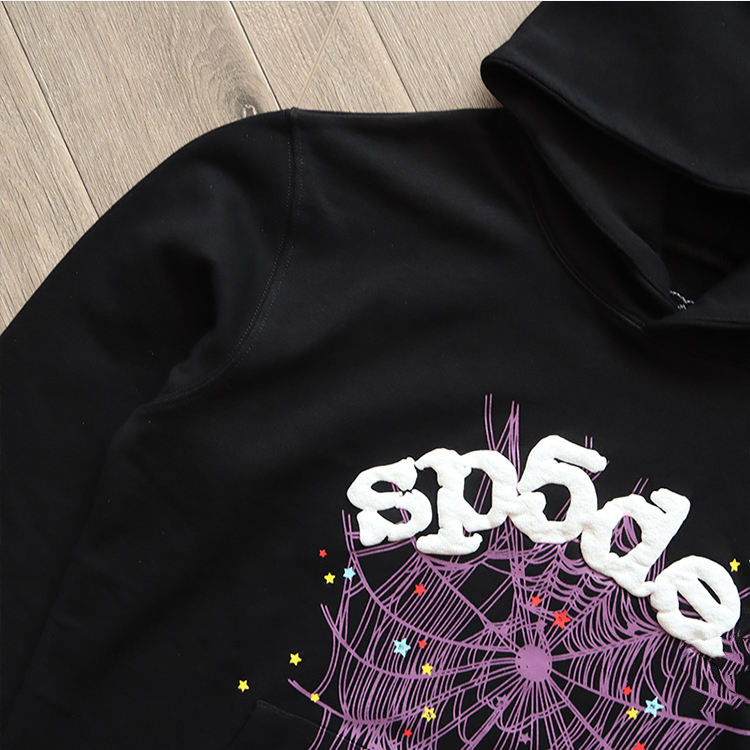 Custom plain black graphic 3d puff print hoodies no string for men 500 gsm cashmere spider hoodie