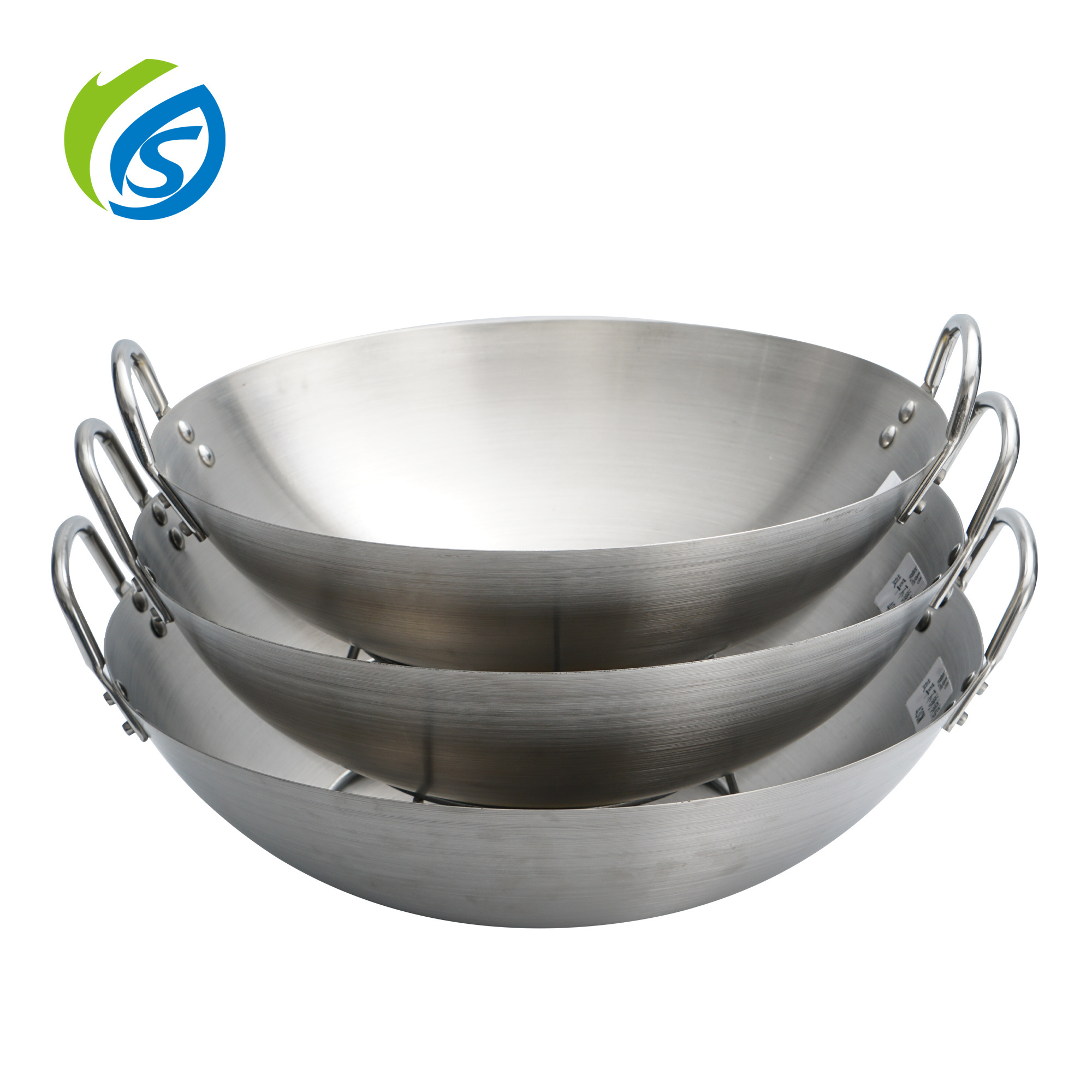 Widely Used Quality Chinese Large Binaural Flat-edge Stainless Steel Wok Pan Wok With Double Handles