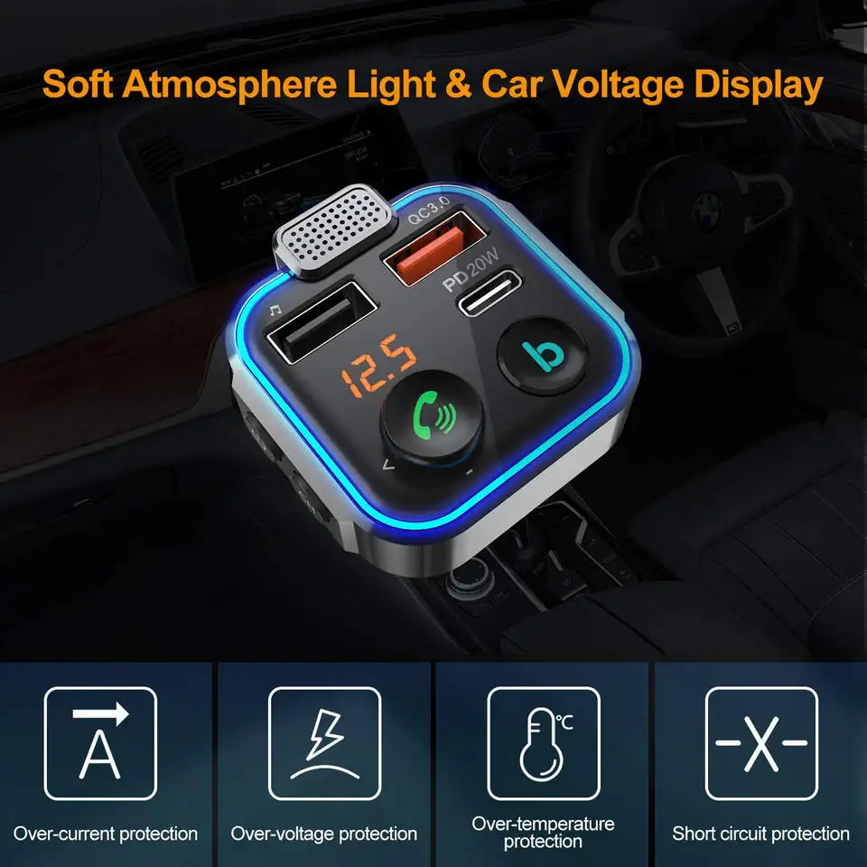 Car BT5.0 Handsfree Call Car Mobile Charger Dual USB QC3.0 Fast Charging with Display Bluetooth-mp3 Music Player FM Transmitter