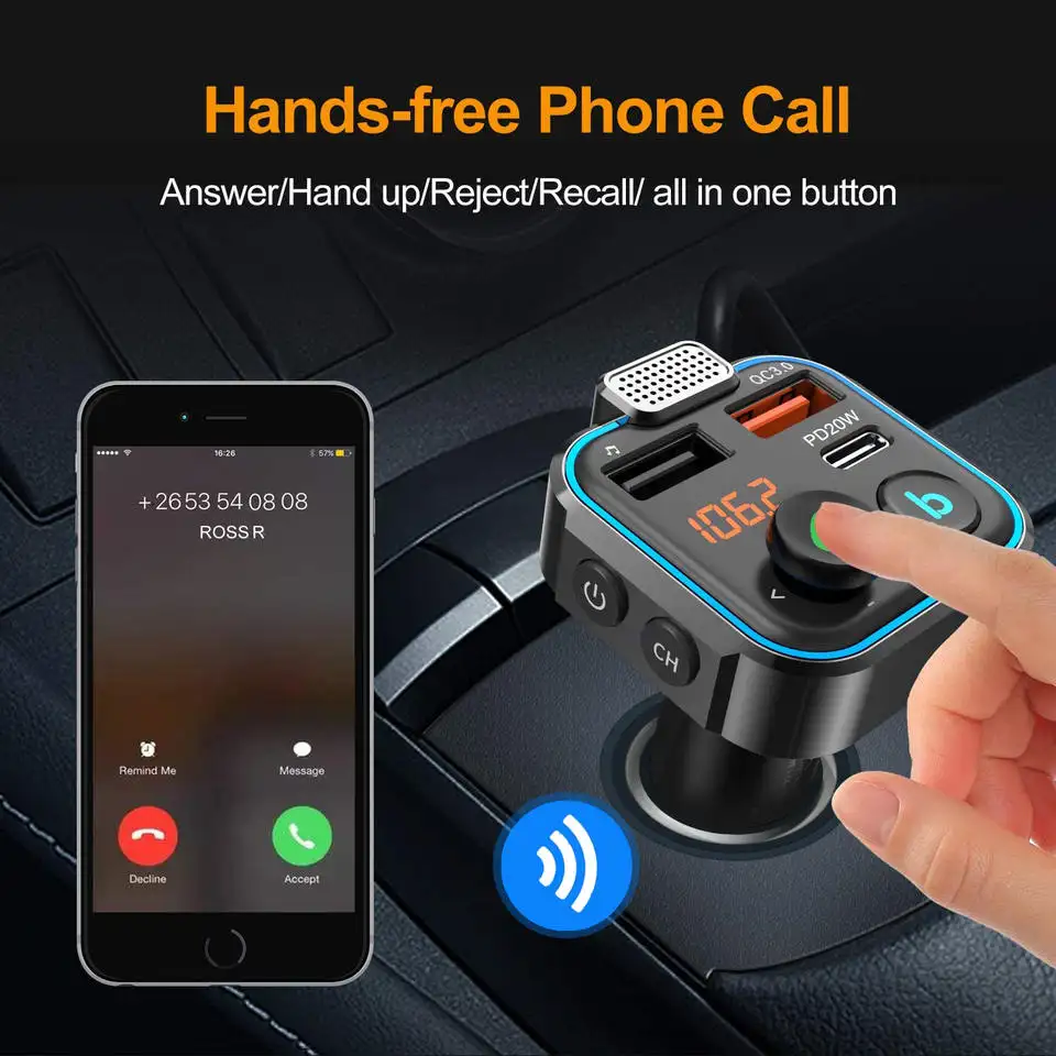 Car BT5.0 Handsfree Call Car Mobile Charger Dual USB QC3.0 Fast Charging with Display Bluetooth-mp3 Music Player FM Transmitter