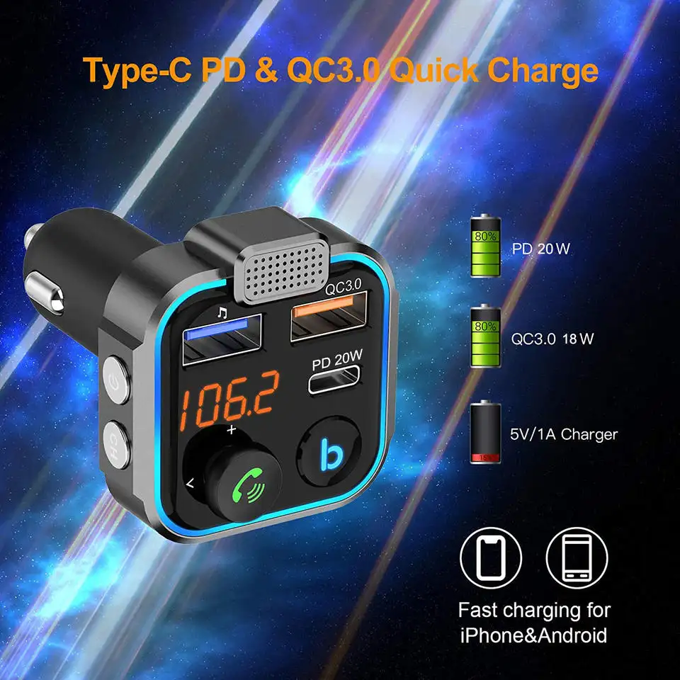 Car BT5.0 Handsfree Call Car Mobile Charger Dual USB QC3.0 Fast Charging with Display Bluetooth-mp3 Music Player FM Transmitter