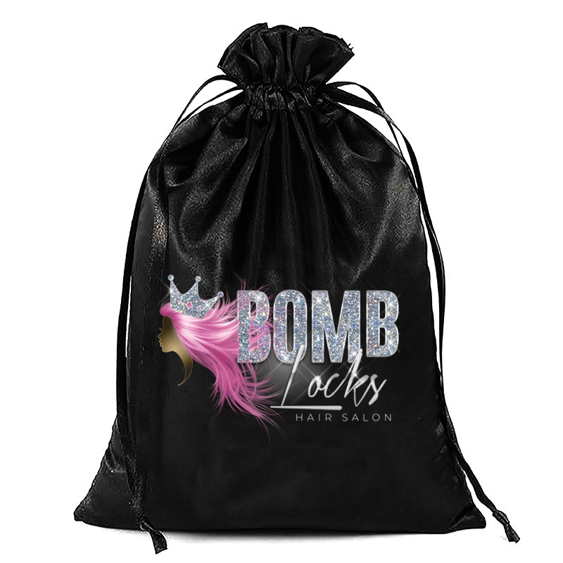 Satin bags custom logo satin drawstring bag for Packaging Hair Extensions Bundles Wigs Soft Silk Pouches with Drawstring