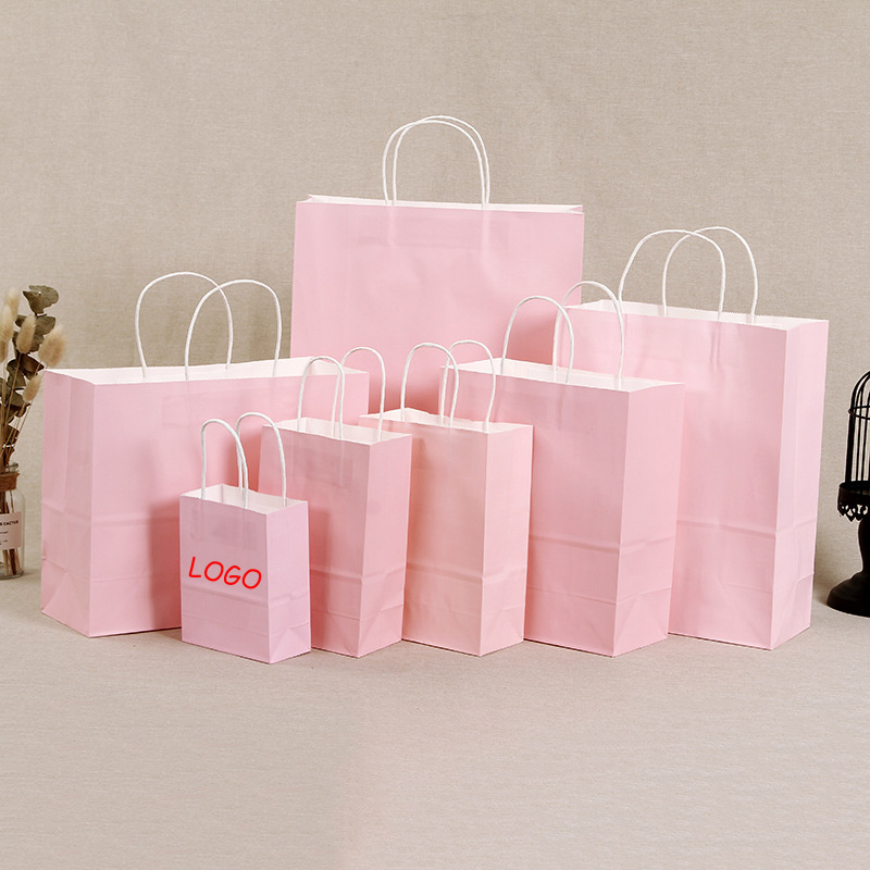 Wholesale Custom Packaging Craft Pink Kraft Paper Shopping Bag Handle with your own logo Paper Shopping Bags