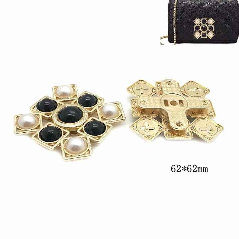 Popular Square Handmade Black Pearl Gold Color Turn Lock Bag Accessories Automatic Flexible Purse Twist Lock For Lady Handbag