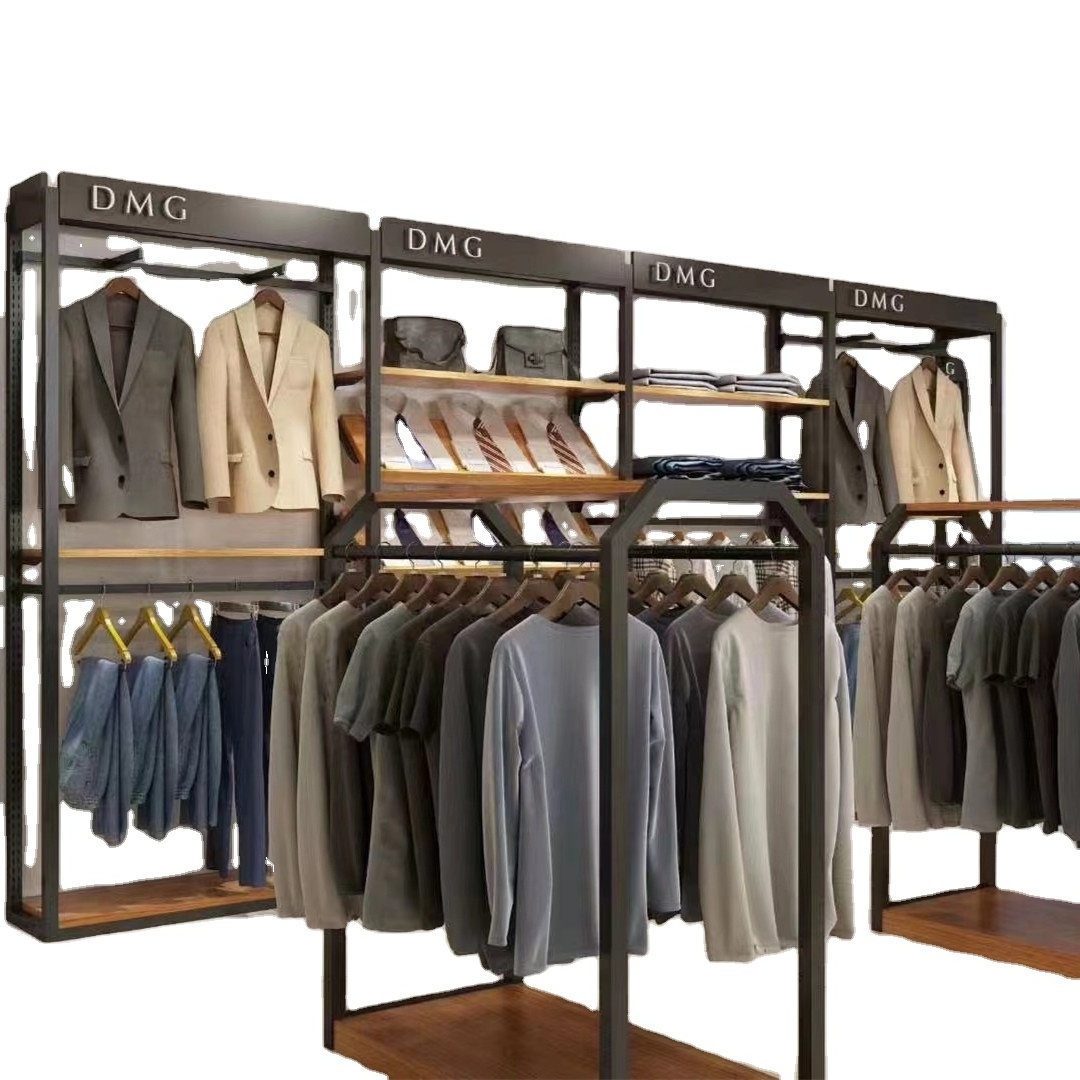 Boutique Garment Shelf Cloth Display Stands Commercial Clothing Rack Golden Pipe Clothes Display Racks With LED Light