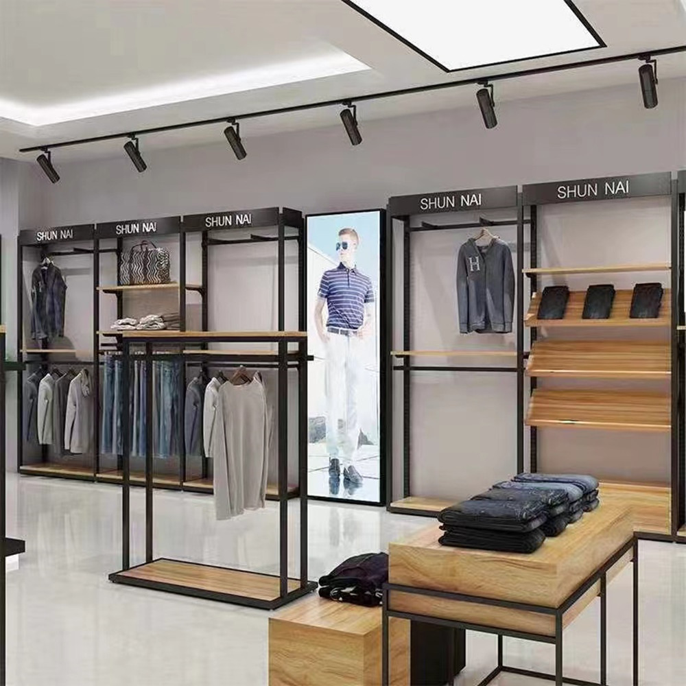 Boutique Garment Shelf Cloth Display Stands Commercial Clothing Rack Golden Pipe Clothes Display Racks With LED Light