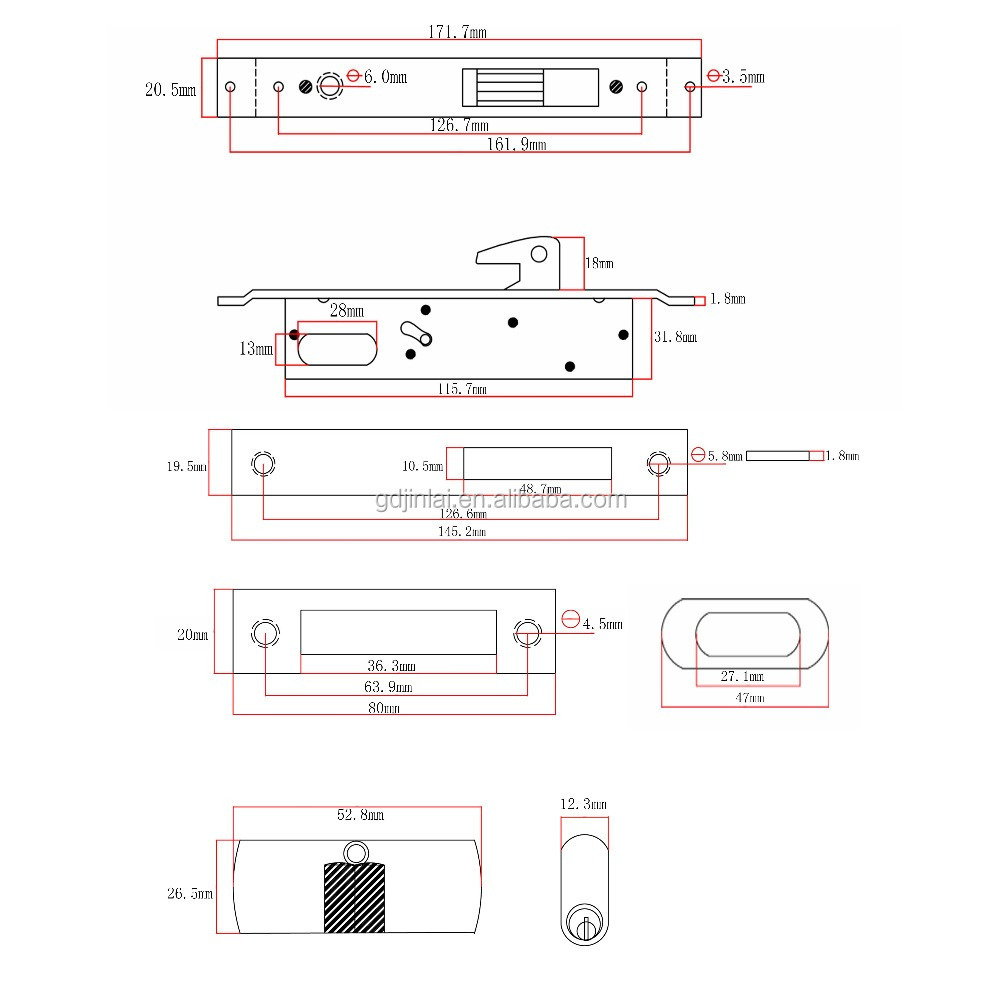 Aluminum double side mico cylinder sliding key mortise door lock set