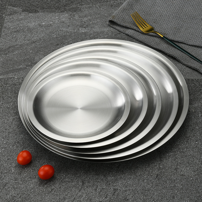 Korean Stainless Steel 304 Round Golden Tray  Dinnerware Dishes Custom Metal Fruit Dessert Plates