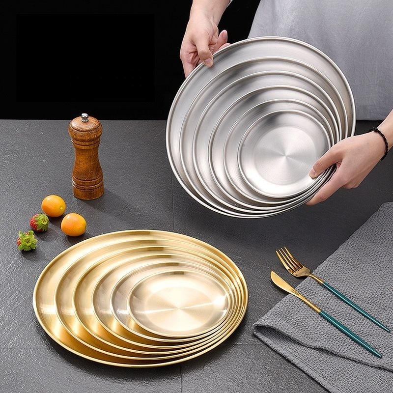 Korean style stainless steel dinnerware barbecue plate cafe tray Stainless Steel Round Plate Dinner Plate