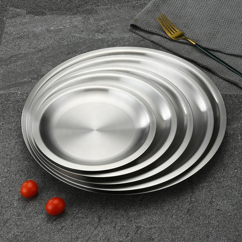 High quality round korean style 304 stainless steel tableware plates serving dishes Golden Round plate Tableware Plates Dinner D