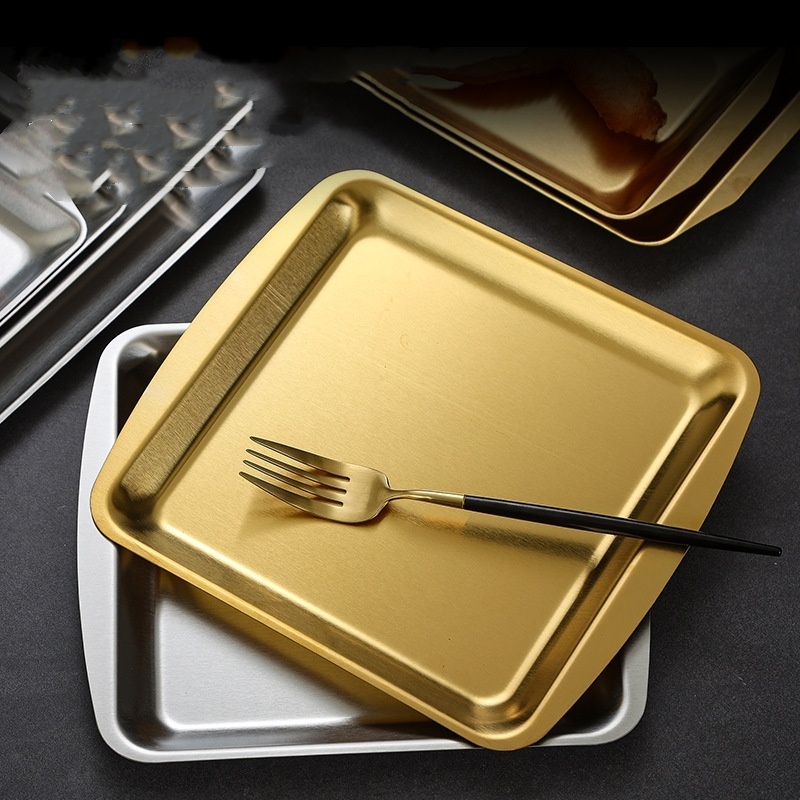 2024 hot Selling  304 thickened rectangular tray stainless steel plate Korean gold barbecue plate hotel service tray