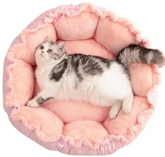 HIgh end cute soft plush round  Pink Princess Cat Bed Non-Slip Warm Pet Sofa Bed Dog Cat Bed