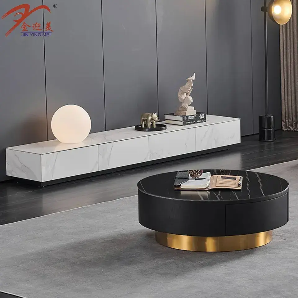 New Modern Coffee Table Modern round Black Marble Coffee Table With Solid Wood Storage