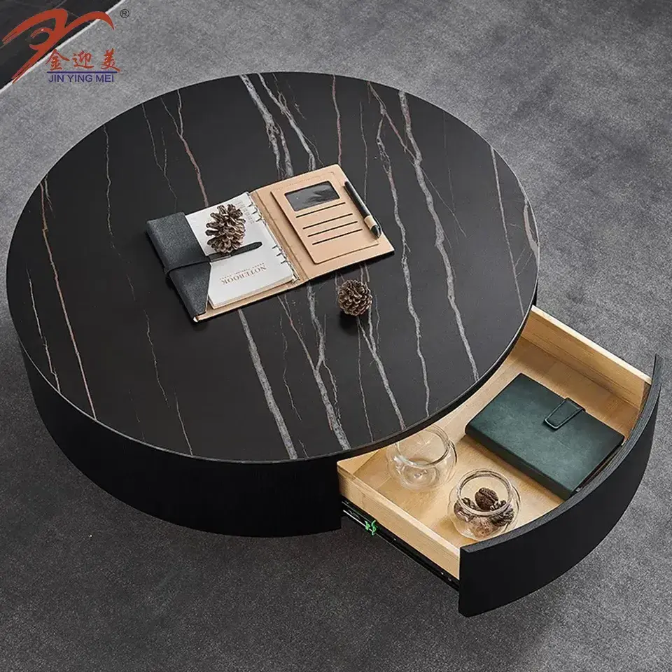 New Modern Coffee Table Modern round Black Marble Coffee Table With Solid Wood Storage