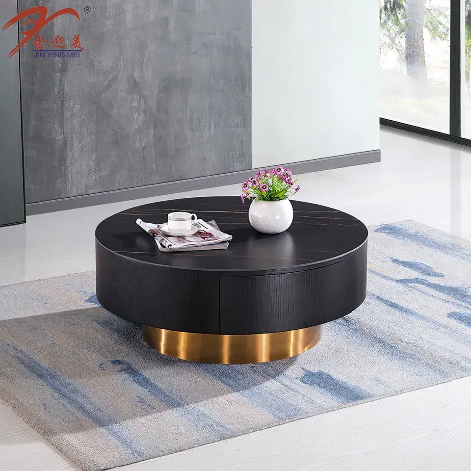 New Modern Coffee Table Modern round Black Marble Coffee Table With Solid Wood Storage