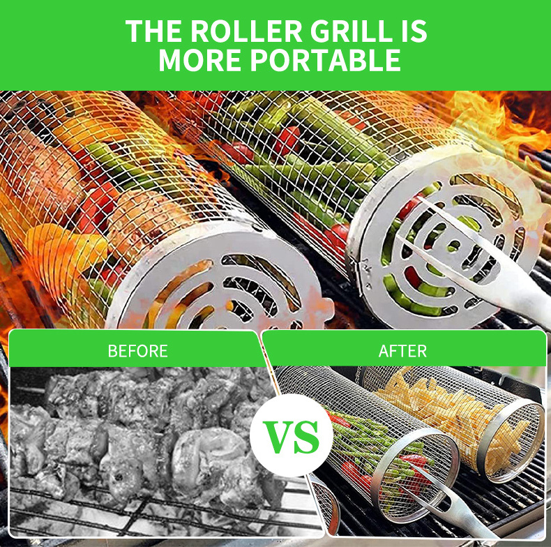 Cylinder rolling grilling basket round stainless steel metal net tube bbq barbecue basket for Roasting Meat