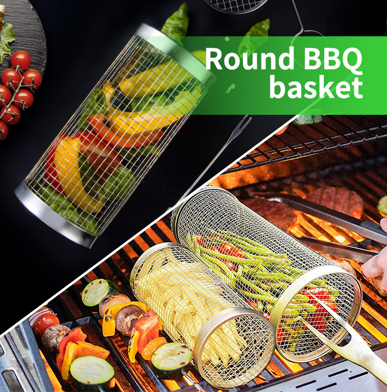 Cylinder rolling grilling basket round stainless steel metal net tube bbq barbecue basket for Roasting Meat