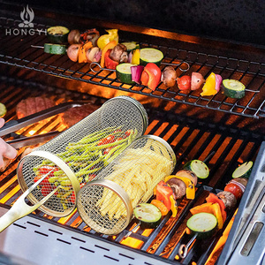 Cylinder rolling grilling basket round stainless steel metal net tube bbq barbecue basket for Roasting Meat