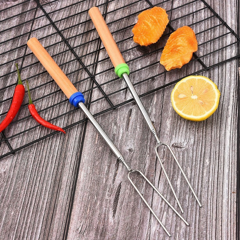 Telescopic Sticks Hot Dog Fork Customizable Sets Marshmallow Roasting Sticks With Wooden Handle