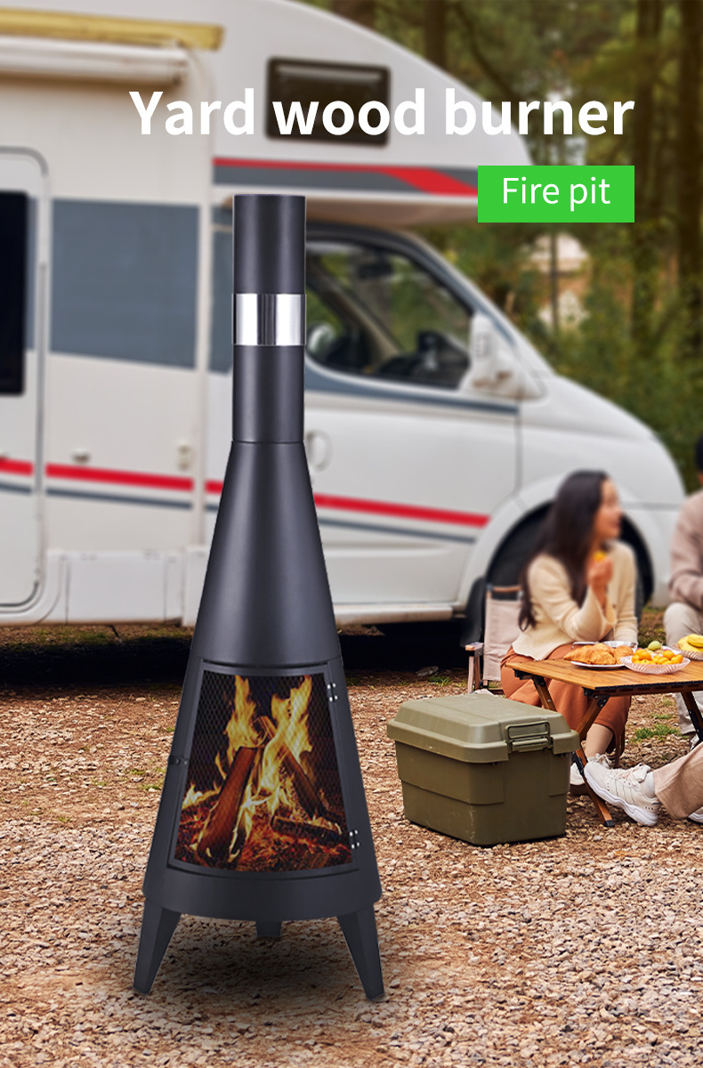 Hot Selling Black Outdoor Garden Wood Burning Steel Metal Round Firepit Chimney BBQ Chimenea Fire Pit Stove