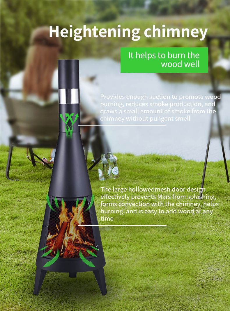 Hot Selling Black Outdoor Garden Wood Burning Steel Metal Round Firepit Chimney BBQ Chimenea Fire Pit Stove