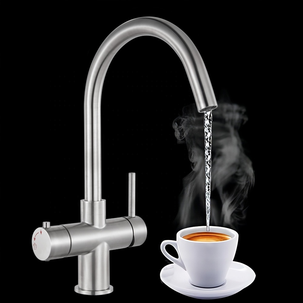 4 In1 Kitchen Faucet Instant Hot Water Tap Boil Faucet Kit Set Stainless Steel 3 Way Black Modern Contemporary Ceramic Polished