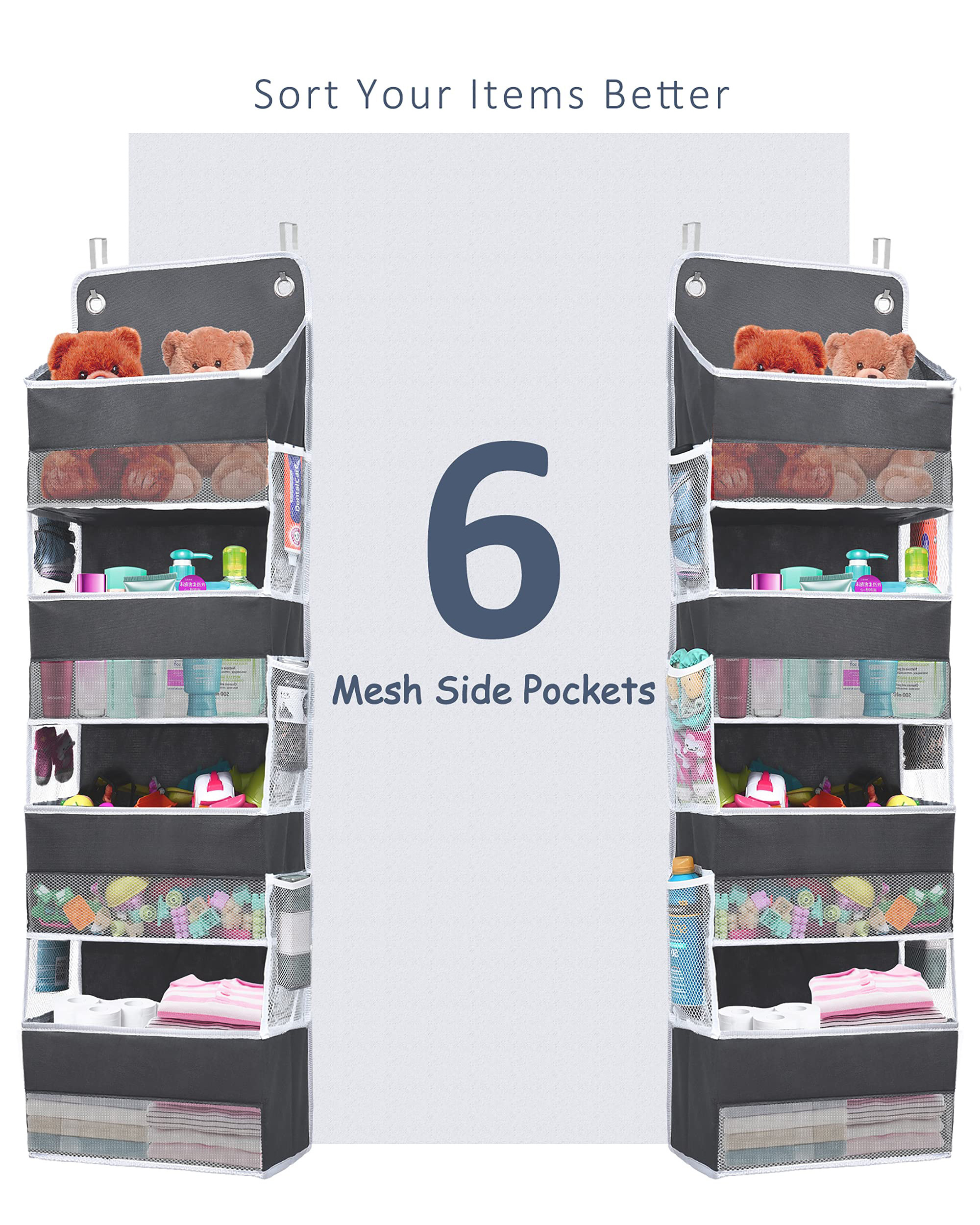 BrilliantJo 5 Shelves Hanging Closet Organizer, 2 Pack Hanging Storage with 6 Side Pockets for Clothes Bags