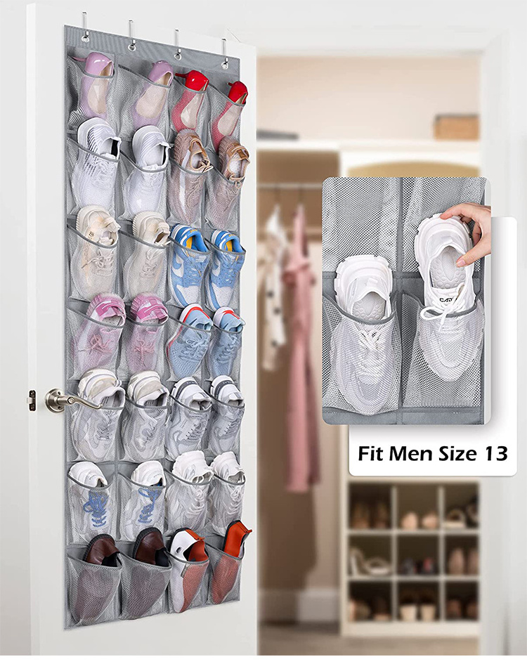 Over The Door Shoe Organizer, 16 Mesh Pockets Hanging Shoe Organizer+ 4 Large Mesh Storage Shoe Rack Holder with 4 Hooks