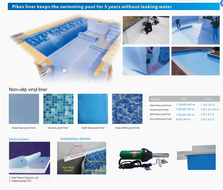 PIKES 1.2mm and 1.5mm  Swimming Pool Liner  Ocean Blue and white Pool PVC Liner  for vinyl pool