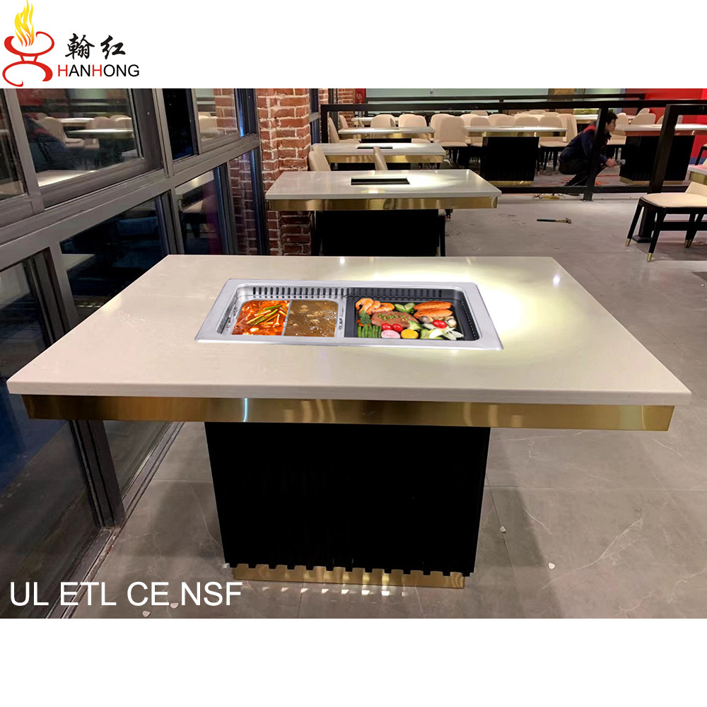 hot pot table korean bbq grill commercial smokeless table wooden table top for restaurant with UL ETL CE CB