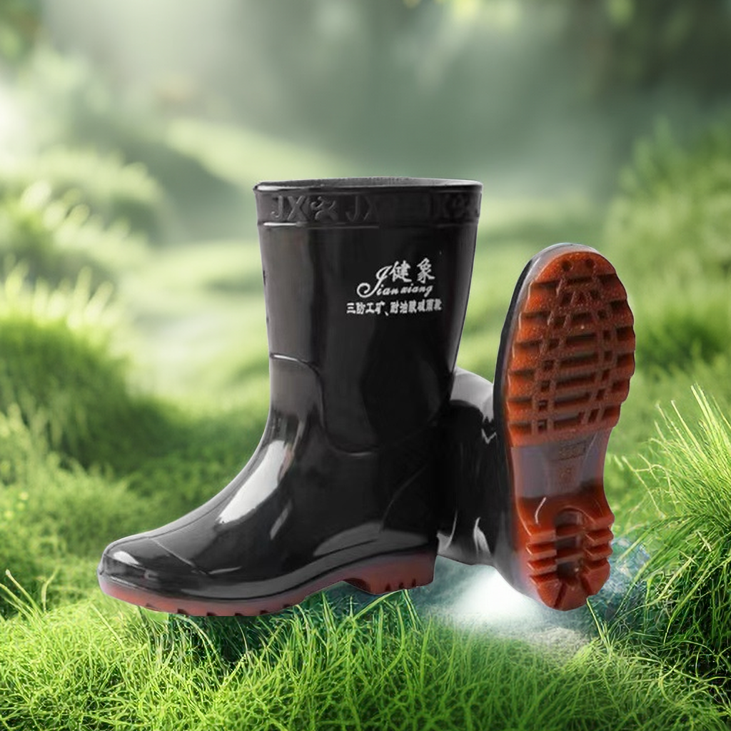 Black Shiny Men PVC Outsole Rain Boot Wellington Boot Wellies Half Height Mid Calf Rain Boots For Fishing