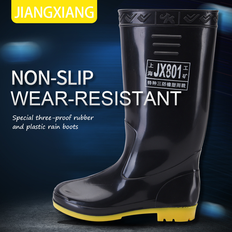 Custom logo waterproof anti slip oil acid resistant black cheap non safety plastic PVC rain boots for men