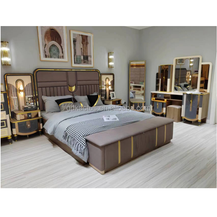 Turkish style luxury LED lighted mirrored bedroom furniture sets 8pcs king size bedroom sets