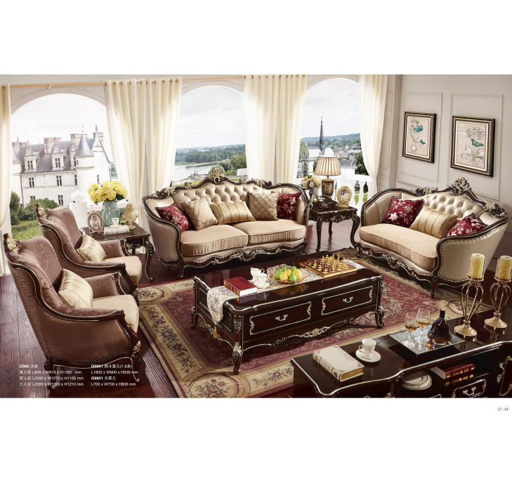 Wooden Classical European style living room furniture luxury exclusive leather sofas royal furniture classic sofa set