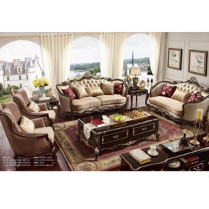 Wooden Classical European style living room furniture luxury exclusive leather sofas royal furniture classic sofa set